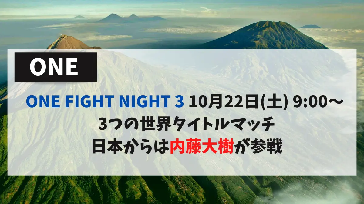 ONE FIGHT NIGHT 3 10月22日(土) 9:00～ 3つの世界タイトルマッチ！日本からは内藤大樹が参戦